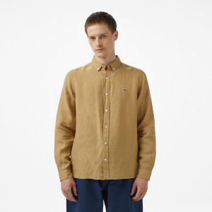 Lniana koszula męska button-down regular fit beżowa