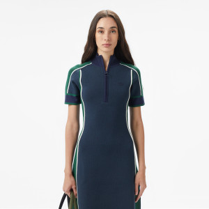 Sukienka damska z krótkim rękawem half zip z blokadą koloru classic fit granatowa