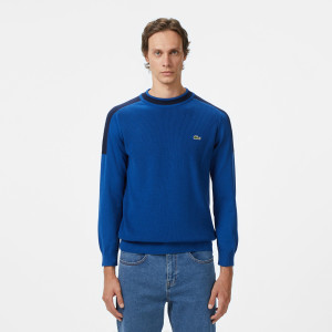 Sweter męski z okrągłym dekoltem z blokadą koloru classic fit niebieski