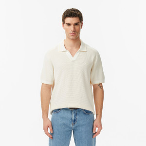 Sweter męski z kołnierzykiem polo z krótkim rękawem classic fit beżowy