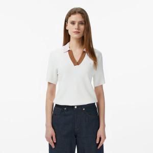 Sweter damski z kołnierzykiem polo z krótkim rękawem regular fit kremowy