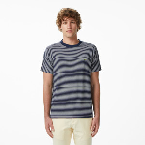 T-shirt męski z okrągłym dekoltem w paski regular fit granatowy