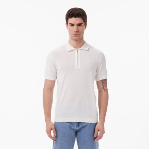 Sweter męski z kołnierzykiem polo z krótkim rękawem classic fit kremowy