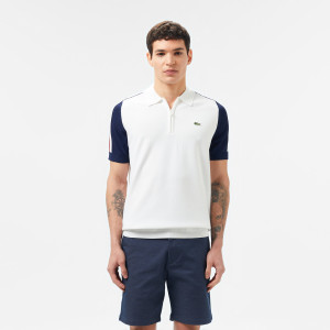 Sweter męski z krótkim rękawem half zip z blokadą koloru biały