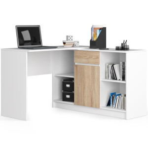 Ensemble D'angle Akord Bureau B17 Avec Commode Blanc 120 Cm 1 Porte 1 Tiroir Façade Chêne Sonoma 6 Étagères 120X126X79 Cm
