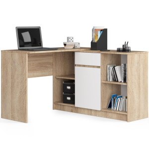 Ensemble D'angle Akord Bureau B17 Avec Commode Chêne Sonoma 120 Cm 1 Porte 1 Tiroir Façade Blanche 6 Étagères 120X126X79 Cm