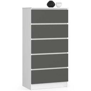 Commode Akord K60 Blanche 60 Cm 5 Tiroirs Façade Gris Graphite 60X40X121 Cm