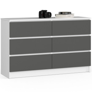 Commode Akord K120 Blanche 120 Cm 6 Tiroirs Façade Gris Graphite 120X40X77 Cm