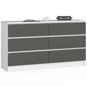 Commode Akord K140 Blanche 138 Cm 6 Tiroirs Façade Gris Graphite 138X40X77 Cm