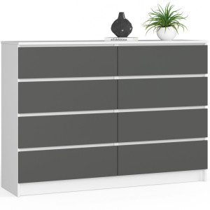 Commode Akord K140 Blanche 138 Cm 8 Tiroirs Façade Gris Graphite 138X40X99 Cm