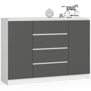Commode Akord K140 Blanche 138 Cm 2 Portes 4 Tiroirs Façade Gris Graphite 4 Étagères 138X40X99 Cm
