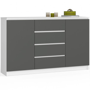 Grande Commode Pour Le Salon Akord K160 Blanche 160 Cm 2 Portes 4 Tiroirs Façade Gris Graphite 4 Étagères 160X40X99 Cm