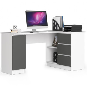 Grand Bureau D'angle Akord Droit B20 Blanc 155 Cm 1 Porte 3 Tiroirs Façade Gris Graphite 4 Étagères 155X85X77 Cm