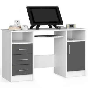 Bureau D'ordinateur Akord Ana Blanc 124 Cm 1 Porte 3 Tiroirs Façade Gris Graphite 5 Étagères 124X52X74 Cm