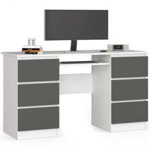 Bureau D'ordinateur Akord A11 Blanc 135 Cm 6 Tiroirs Façade Gris Graphite 135X50X77 Cm