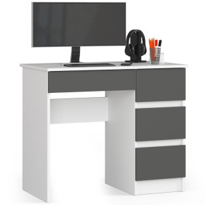 Bureau D'ordinateur Akord Droit A7 Blanc 90 Cm 4 Tiroirs Façade Gris Graphite 90X50X77 Cm