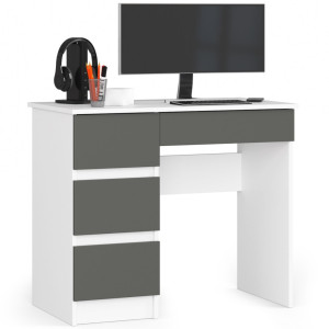 Bureau D'ordinateur Akord Gauche A7 Blanc 90 Cm 4 Tiroirs Façade Gris Graphite 90X50X77 Cm