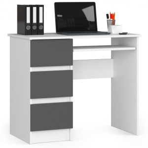 Bureau D'ordinateur Akord Gauche A6 Blanc 90 Cm 3 Tiroirs Façade Gris Graphite 1 Étagère 90X50X77 Cm