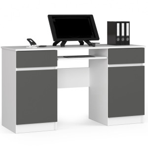 Bureau D'ordinateur Akord A5 Blanc 135 Cm 2 Portes 2 Tiroirs Façade Gris Graphite 5 Étagères 135X50X77 Cm