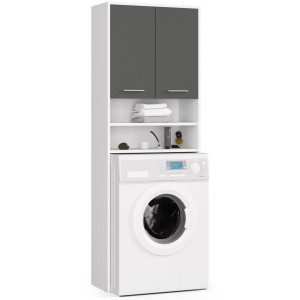 Meuble Pour Machine À Laver Fin Blanche 64 Cm 2 Portes Façade Gris Graphite Niche 4 Étagères 64X30X180 Cm