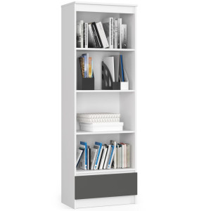 Bibliothèque De Bureau Akord R60 Blanche 60 Cm 1 Tiroir Façade Gris Graphite Mat 4 Étagères 60X35X180 Cm