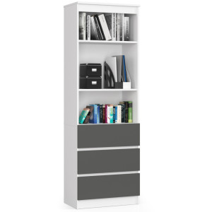 Bibliothèque De Bureau Akord R60 Blanche 60 Cm 3 Tiroirs Façade Gris Graphite Mat 3 Étagères 60X35X180 Cm