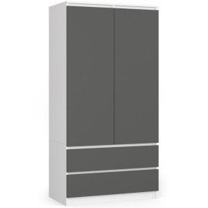 Armoire Akord S90 Blanche 90 Cm 2 Portes 2 Tiroirs Façade Gris Graphite 4 Étagères 90X51X180 Cm