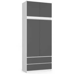 Armoire Avec Surmeuble Akord S90 Blanche 90 Cm 2 Portes 2 Tiroirs Façade Gris Graphite 6 Étagères 90X51X234 Cm