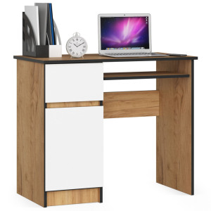 Bureau D'ordinateur Akord Gauche Piksel Chêne Craft 90 Cm 1 Porte 1 Tiroir Façade Blanche 3 Étagères 90X50X77 Cm