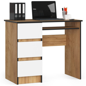 Bureau D'ordinateur Akord Gauche A6 Chêne Craft 90 Cm 3 Tiroirs Façade Blanche 1 Étagère 90X50X77 Cm