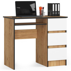 Bureau D'ordinateur Akord Droit A6 Chêne Craft 90 Cm 3 Tiroirs Façade Blanche 1 Étagère 90X50X77 Cm