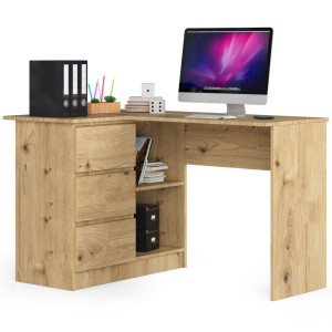 Bureau Akord D'angle Gauche B16 Chêne Artisan 124 Cm 3 Tiroirs Façade Chêne Artisan 2 Étagères 124X85X77 Cm