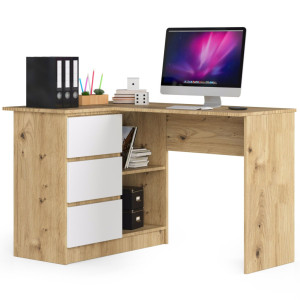 Bureau Akord D'angle Gauche B16 Chêne Artisan 124 Cm 3 Tiroirs Façade Blanche 2 Étagères 124X85X77 Cm