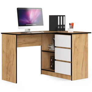 Bureau Akord D'angle Droit B16 Chêne Craft 124 Cm 3 Tiroirs Façade Blanche 2 Étagères 124X85X77 Cm