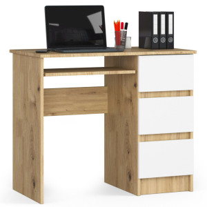 Bureau D'ordinateur Akord Droit A6 Chêne Artisan 90 Cm 3 Tiroirs Façade Blanche 1 Étagère 90X50X77 Cm