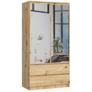 Armoire Akord S90 Avec Miroir Chêne Artisan 90 Cm 2 Portes 2 Tiroirs Façade Chêne Artisan 4 Étagères 90X51X180 Cm