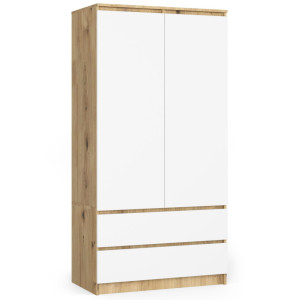 Armoire Akord S90 Chêne Artisan 90 Cm 2 Portes 2 Tiroirs Façade Blanche 4 Étagères 90X51X180 Cm