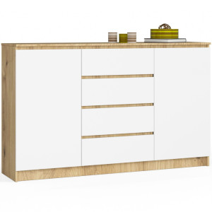Grande Commode Pour Le Salon Akord K160 Chêne Artisan 160 Cm 2 Portes 4 Tiroirs Façade Blanche 4 Étagères 160X40X99 Cm