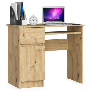 Bureau D'ordinateur Akord Gauche Piksel Chêne Artisan 90 Cm 1 Porte 1 Tiroir Façade Chêne Artisan 3 Étagères 90X50X77 Cm