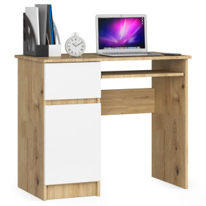 Bureau D'ordinateur Akord Gauche Piksel Chêne Artisan 90 Cm 1 Porte 1 Tiroir Façade Blanche 3 Étagères 90X50X77 Cm