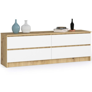 Grande Commode Pour Le Salon Akord K160 Chêne Artisan 160 Cm 4 Tiroirs Façade Blanche 160X40X55 Cm