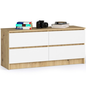 Commode Akord K120 Chêne Artisan 120 Cm 4 Tiroirs Façade Blanche 120X40X55 Cm