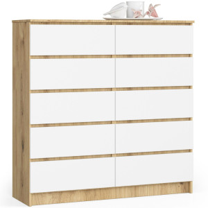 Commode Akord K120 Chêne Artisan 120 Cm 10 Tiroirs Façade Blanche 120X40X121 Cm