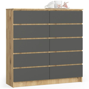 Commode Akord K120 Chêne Artisan 120 Cm 10 Tiroirs Façade Gris Graphite 120X40X121 Cm