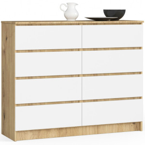 Commode Akord K120 Chêne Artisan 120 Cm 8 Tiroirs Façade Blanche 120X40X99 Cm