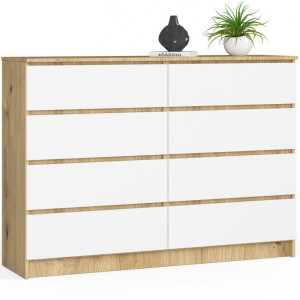Commode Akord K140 Chêne Artisan 138 Cm 8 Tiroirs Façade Blanche 138X40X99 Cm