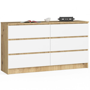 Commode Akord K140 Chêne Artisan 138 Cm 6 Tiroirs Façade Blanche 138X40X77 Cm