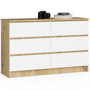 Commode Akord K120 Chêne Artisan 120 Cm 6 Tiroirs Façade Blanche 120X40X77 Cm