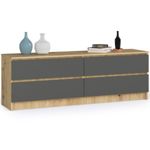 Grande Commode Pour Le Salon Akord K160 Chêne Artisan 160 Cm 4 Tiroirs Façade Gris Graphite 160X40X55 Cm
