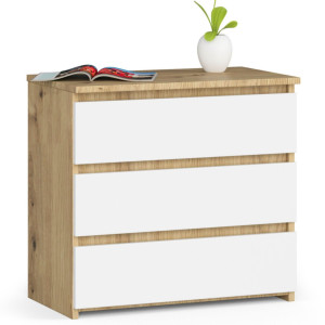 Table De Chevet Akord Cl3 Chêne Artisan 60 Cm 3 Tiroirs Façade Blanche 60X35X57 Cm